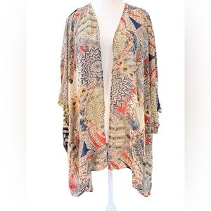 Umgee | Taupe & Blue Feather Print Kimono (M/L)